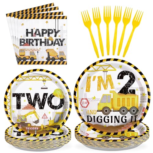 96 Pcs Construction 2nd Birthday Party Supplies Construction Truck Plates and Napkins Tableware 350GSM Excavator Birthday Decorations Favors for Boys Tractor Dump Two Years Old Birthday, Serves 24