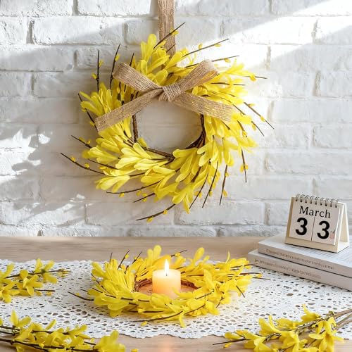 Image of 6 PCS Spring Forsythia Wreath Candle Rings Artificial Forsythia Farmhouse Candle Rings Pillar Holder Wreath Mini Spring Summer Floral Candle Rings for Rustic Wedding Home Table Centerpiece Decor