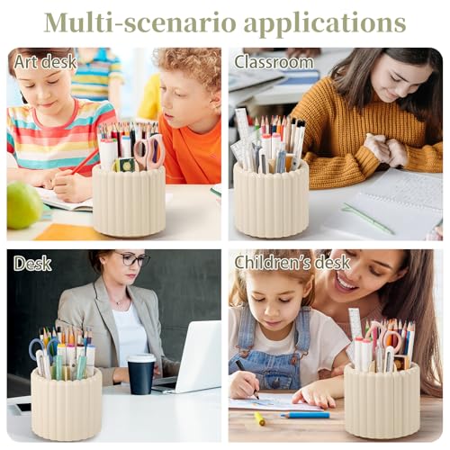 Image of Anyoifax 360 Rotating Pen Holder 7 Slots Desk Organizer Removable Pencil Cup Plastic Art Supplies and Accessories Desktop Storage Box Caddy for Office, School, Home (Beige)