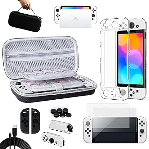 Benazcap Case Compatible with Nintendo Switch OLED,Accessories Bundle Include Nintendo Switch Oled Carry Case, Clear Cover(Support charging dock and link TV), Screen Protector, USB Cable so on Cover