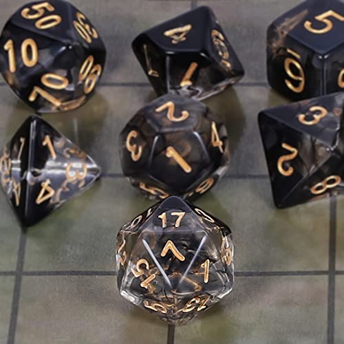 QMAY DND Lot de 7 dés polyédriques pour Donjons et Dragons MTG RPG D&D D20, D12, D10, D%, D8, D6, D4 (Noir Transparent) – vue 4