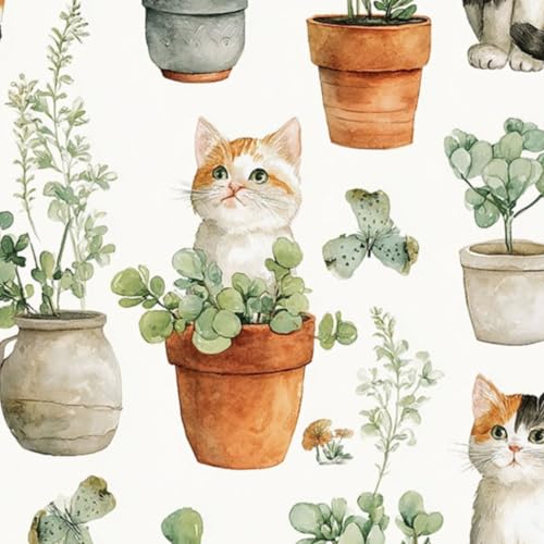 壁紙 45cm x 300cm 剥がせる 鉢植えの植物と花のアクセントを持つかわいい猫たち 多機能 防水/汚れ防止/防油 食器棚 クロ 玄関 ふすま紙 家具 部屋 DIY 賃貸OK