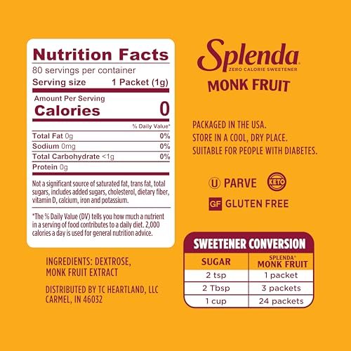 Image of SPLENDA Monk Fruit Zero Calorie Plant Based Sweetener, No Erythritol, Keto Sugar Substitute (80 Count)