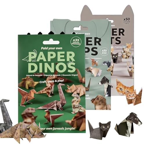 Rthynti Paper Cats Origami Kit 150Pcs DIY 3D Fold Your Own Paper Cat Figures Origami Cats Kit for Adults Kids Animal Lovers Gift & Desk Decoration (Cat+Dog+Dinosaur)
