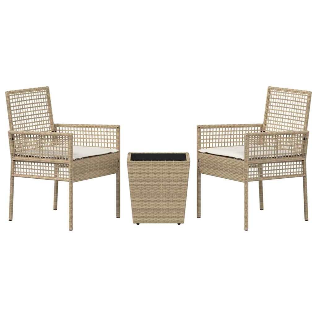 Juego bistró jardín Beige ratán sintético con Mesa Vidrio Templado, 3 Piezas, 2 sillas con Cojines, Ideal terraza Patio Exterior para Descanso y reuniones al Aire Libre