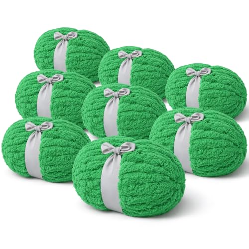 DEYLE Green Chunky Chenille Yarn - Super Bulky Thick Yarn for Hand Knitting and Crocheting - Extra Soft Jumbo Yarn for Blankets Scarves - 8-Pack (9 Oz Each Skein)
