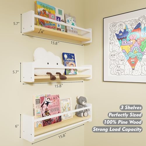 Image of MXCSE Nursery Floating Bookshelf for Kids, Wall Mounted Kids Book Shelf with Toy Storage, Pine Wood Nursery Shelves for Playroom, Bedroom, Toddler Room, Set of 3 (White & Wooden, 16 in)