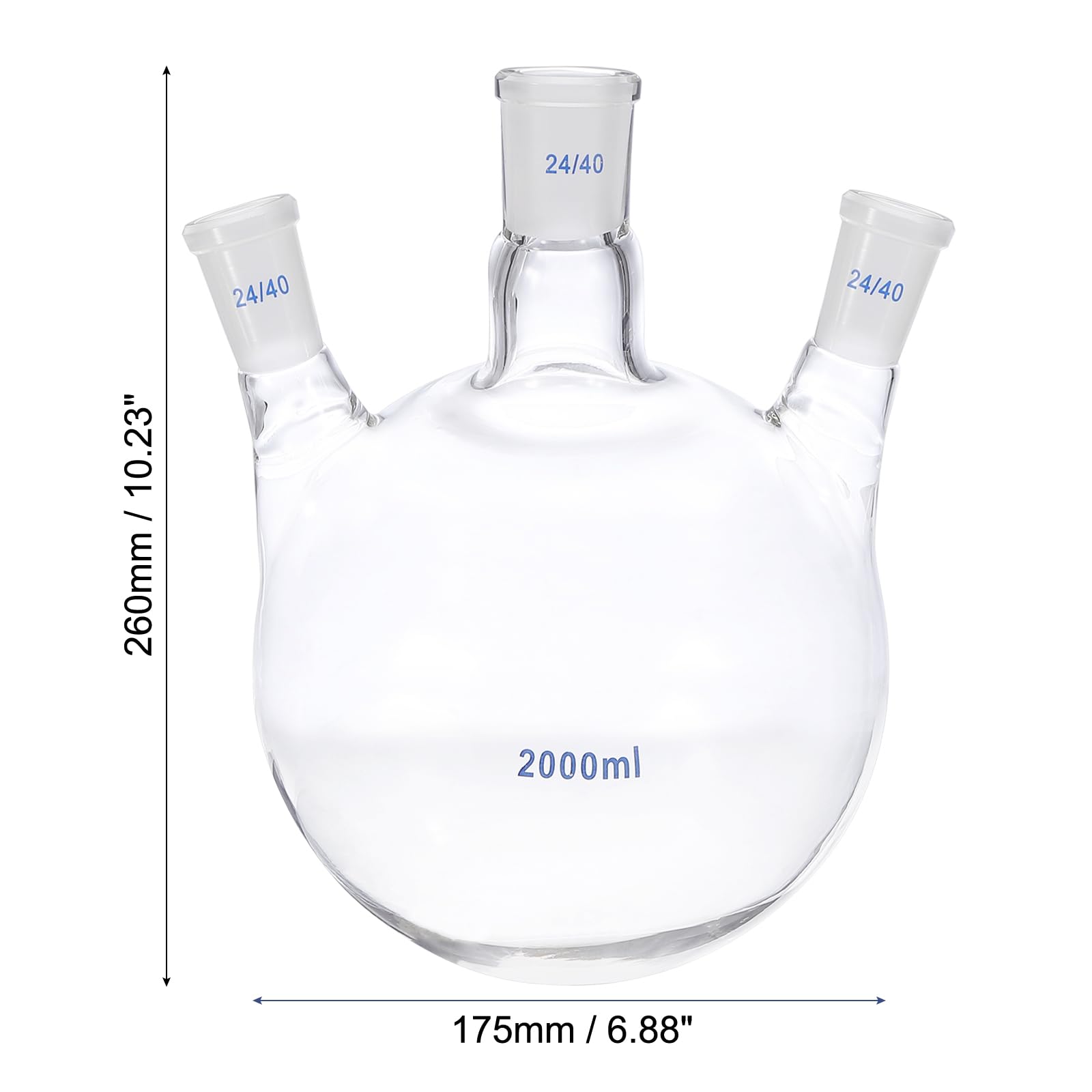 PATIKIL Fiaschetta bollente da 2000 ml, in vetro borosilicato 3.3, con fondo rotondo a 3 colli, fiaschetta da parete pesante con giunto esterno conico standard 24/40, per laboratorio, trasparente