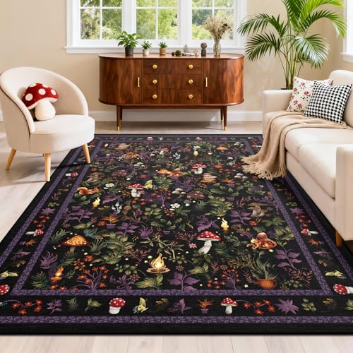 nesrt Jungle Animal Print Living Room Area Rugs 5x7ft, Mushroom Bedroom Washable Rugs Non Slip, Botanical Forest Dining Room Floor Carpets for Nursery Playroom Study Home Decor (Black)