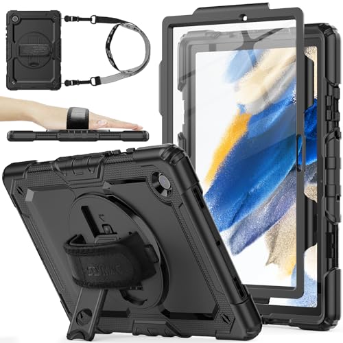 SEYMAC stock Funda para Samsung Galaxy Tab A8 10,5'' 2022, Funda Resistente con Protector de Pantalla, Soporte Giratorio/Correa de Mano y Portalápices, Negro