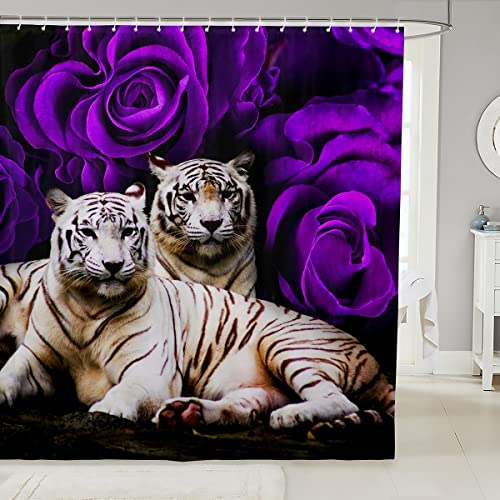White Tiger Shower Curtain Purple Rose Bathroom Shower Curtain Sets,Wild Animal Flowers Waterproof Bathroom Curtains Big Cat Bath Curtain 72"Wx72"L,Woodland Wildlife Romantic Floral Room Dec