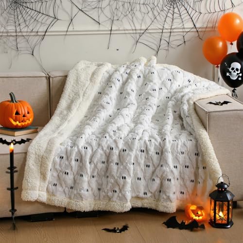 Halloween Sherpa Throw Blanket Cute 3D Ghost Blanket Double-Sided...