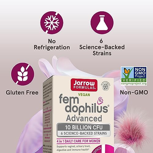 Image of Jarrow Formulas Fem-Dophilus Advanced Probiotics 10 Billion CFU with 6 Science-Backed Strains, for Vaginal, Urinary Tract, Digestive, and Immune Support, 30 Veggie Capsules, Shelf-Stable, Pack of 12