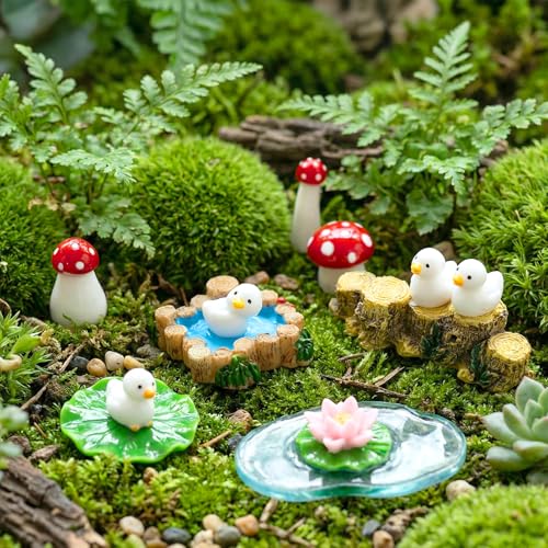JUYQZ 17 Pcs Funny Duck Car Dashboard Decorations, Cute Resin Mini Pond Kit with Lotus & Mushroom, Kawaii Interior Accessories, Rear View Mirror Ornaments & Fairy Garden Decor for Women Teens