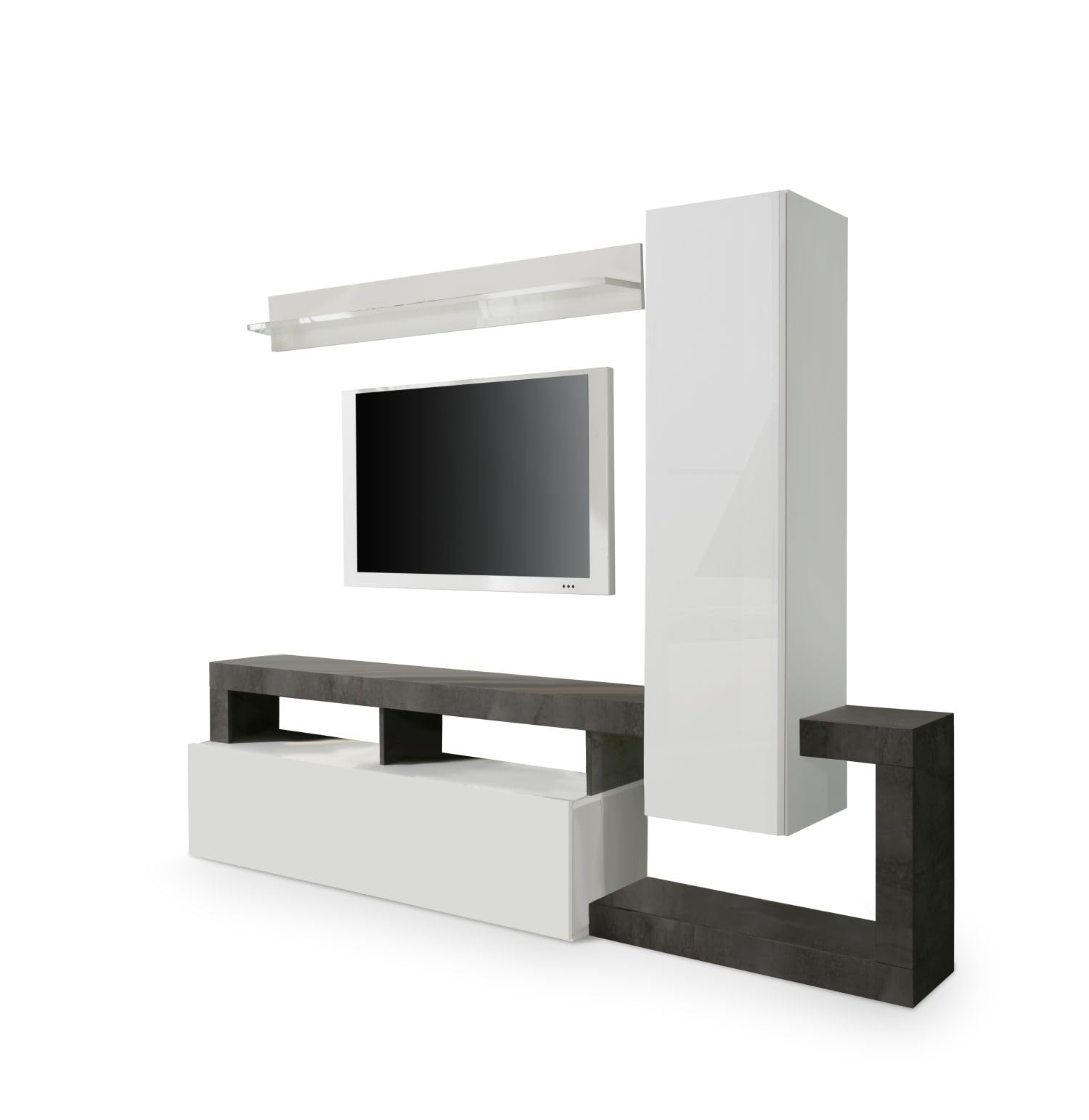 Web Convenienza Parete TV Hamburg Bianco Lucido Attrezzata - Mobile Televisore in Legno con Pensili ad Ante a Ribalta Moderno (1 Pensile Alto, Ossido)