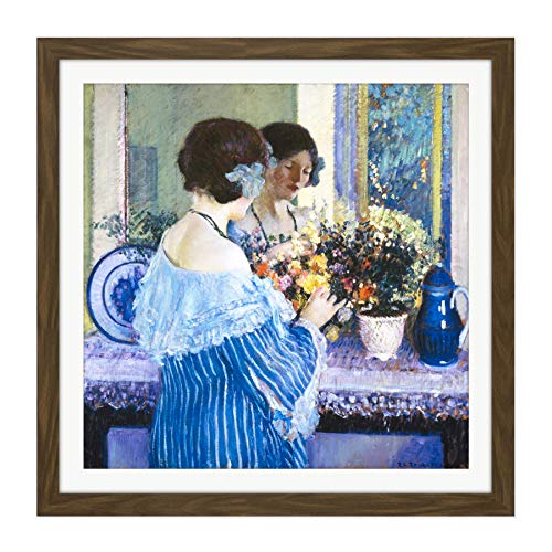 Frieseke Girl Blue Arranging Flowers Painting Square Wooden Framed Wall Art Print Picture 16X16 inch Fille Bleu Fleurs La Peinture Bois Mur Image Cover