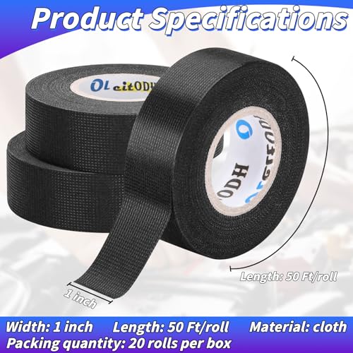 Image of Wire Harness Tape Bulk, 1-Inch by 50 ft (20-Pack) Adhesive High Noise Resistance Heat Proof Chemical Fiber Fabric Electrical Tape for Automotive Electrical Wrap Protection Insulation Cable Fixed