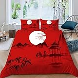 Funda Nordica Cama 90 Rojo Japonés 3D Funda de Edredón Paisaje Japonés Fundas Nórdicas Microfibra Ropa de Cama 135x190 cm y 2 x Fundas de Almohada YUH2255