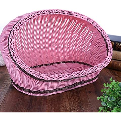 HUAHOO Pet Dog Beds Cat Nest Beds Comfortable Dog Basket Washable Covered Modern Dog Cat Rattan House Pets in Dome Basket Pink Base Size L 50x35cm Cover