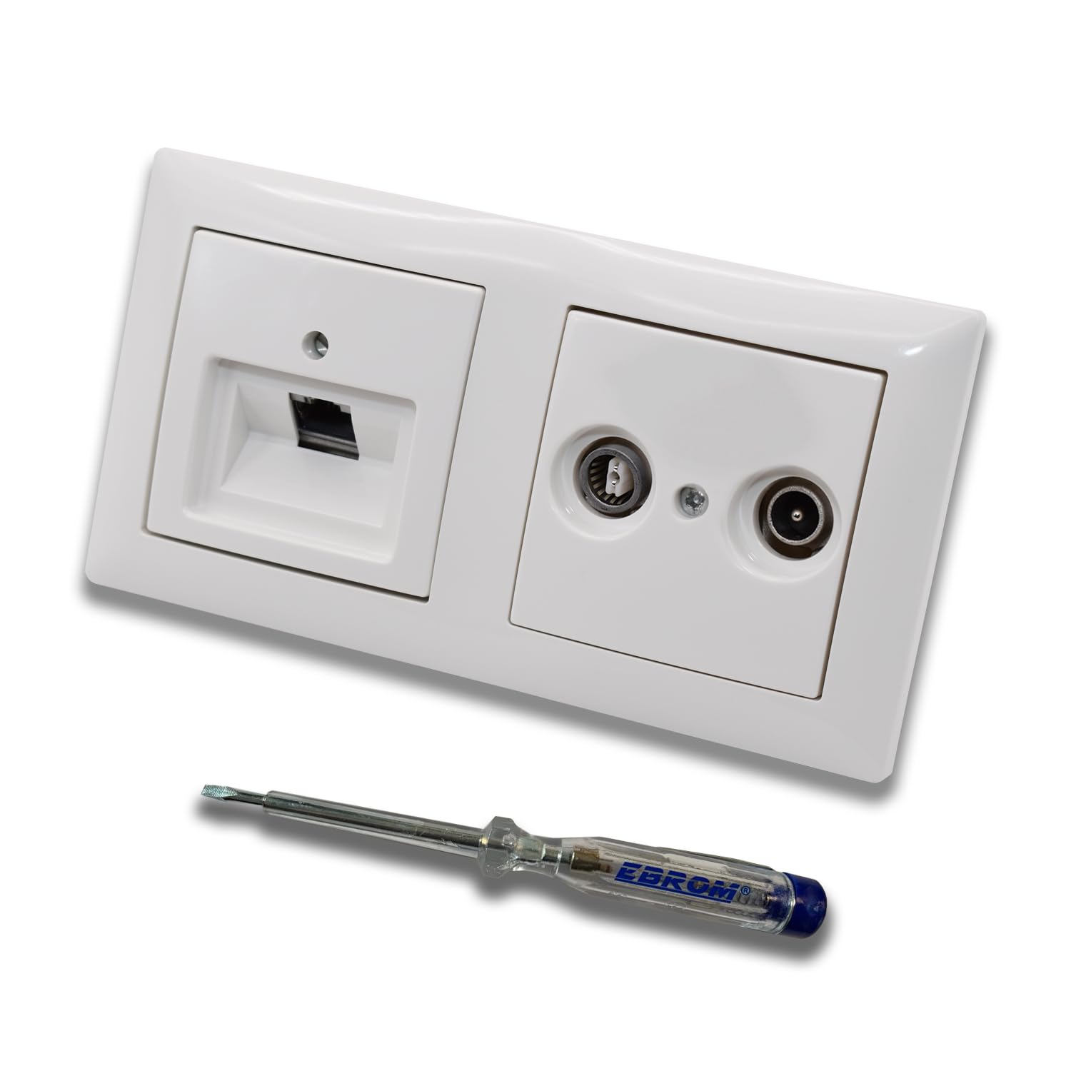 Busch Jäger, Rutenbeck Unterputz Netzwerkdose 10 Gigabit/S (10GbE) KAT6A 6A 1 x RJ45 Anschluss + WISI 2-Loch Durchgangsdose im BJ BalanceSi alpinweiß Design + EBROM Phasenprüfer z. Montage d. Geräte