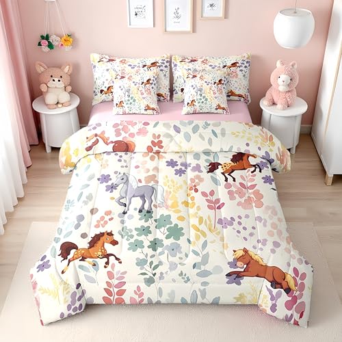 Erosebridal 7Pcs Flower Horse Twin Bedding Set with Sheets Farmhouse Animal Bed Set for Kids Girls Boys Watercolor Wildflower Bed Comforter Set with Fitted Sheet Flat Sheet Pillowcases