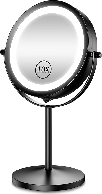 Espejo de maquillaje LED con aumento de 10 aumentos, espejo de pie de doble cara de 7 pulgadas para escritorio | Maquillaje de aumento de doble cara 1X/10X con luz, espejo de maquillaje de viaje giratorio de rotación de 360° con iluminación, funciona con pilas