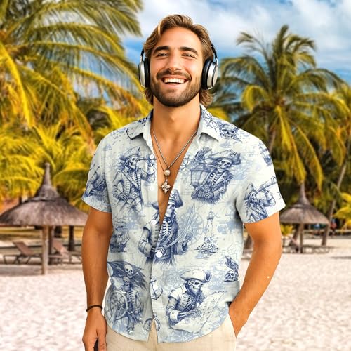 Pirate Hawaiian Shirt, Octopus Shirts Men, Skull Shirt for Women, Skull Hawaiian Shirts for Men, Mens Pirate Tee3