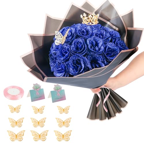 Complete Floral DIY Kit 24 Pcs Glitter Roses Bouquet Making Set with 12 Butterflies Wrapping Paper Cards Ribbon & Crown Eternal Handmade Gift for Birthday Anniversary Mothers Day Wedding (Blue)