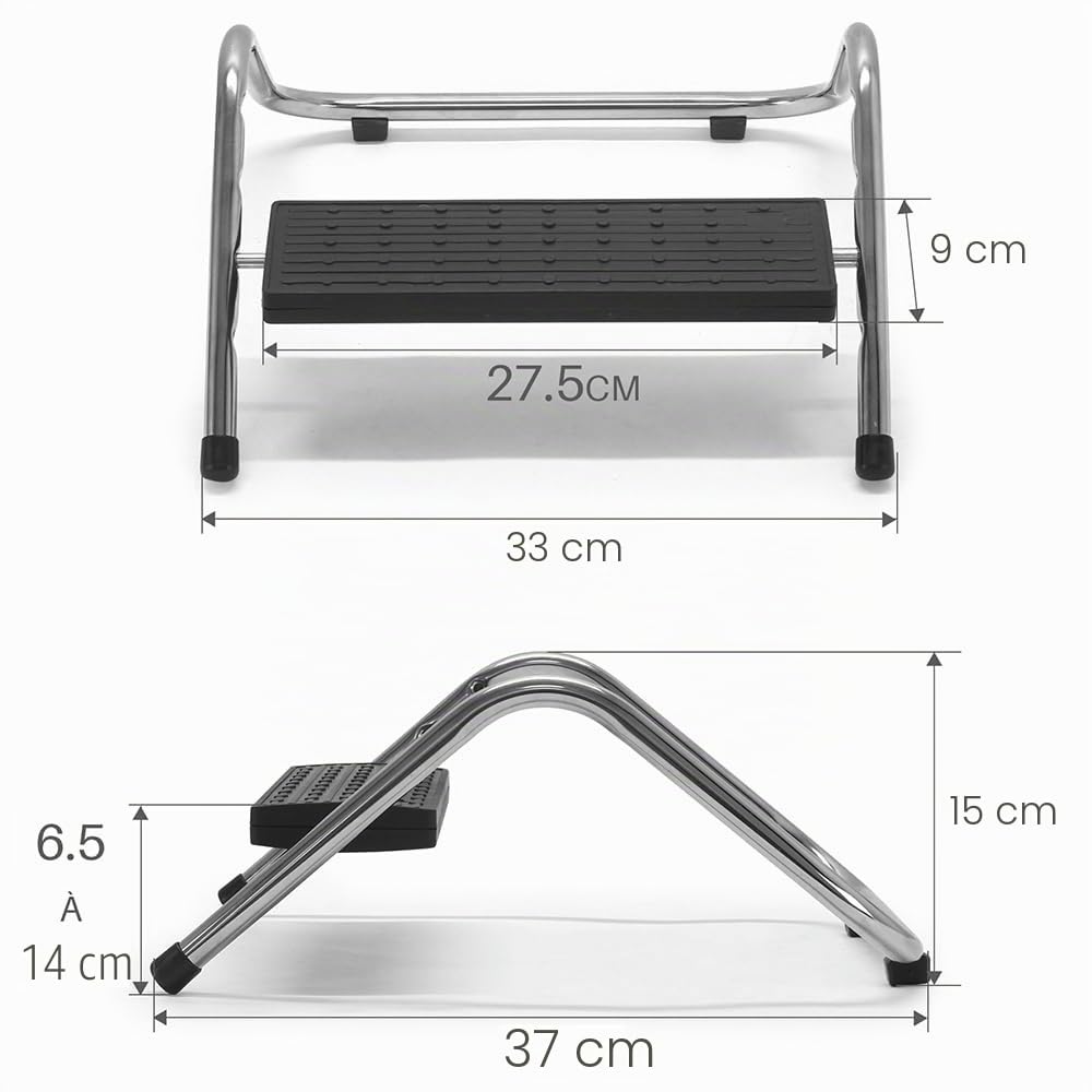 Repose Pieds de Bureau Réglable – Réglable 4 Hauteurs - Plateau Articulé toutes inclinaisons Antidérapant – Structure Acier Chromé –Ergonomie et Confort au Travail