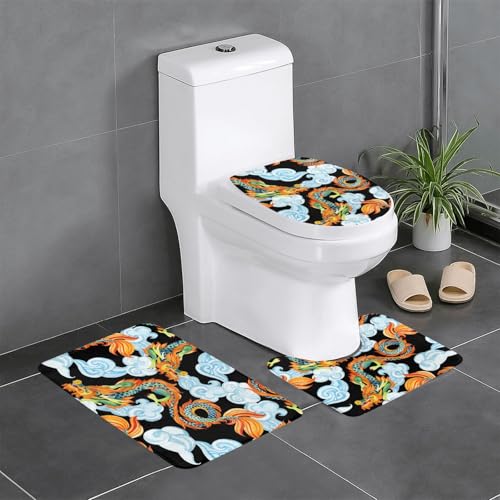 龍 竜 ドラゴン柄 和風 トイレマット 3点セット フタカバー 浴室足ふきマット 吸水 速乾 滑り止め 抗菌 防臭 洗える ふわふわ おしゃれ プレゼント 40x60cm