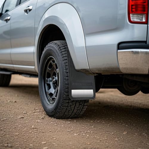 Image of AUTOXBERT Universal Rubber Mud Flaps for Pickups, SUVs, Trucks and Vans | 4PCS Heavy Duty All-Weather Splash Guards with Stainless Steel Night Reflectors, 19 inch x 11 inch, Drilling Required
