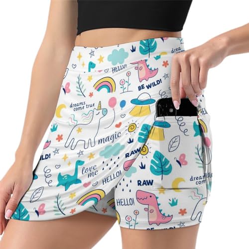 Jupe de tennis avec short intégré imprimé dinosaure licorne pour femme