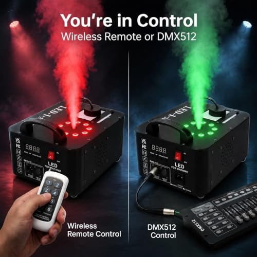 Máquina de humo vertical 1500W con control remoto DMX, luces LED RGB para escenario miniatura 3