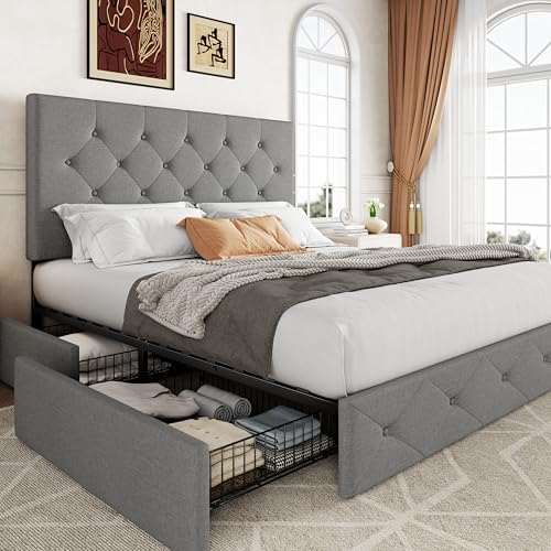 Allewie Upholstered Full Size Platform Bed Frame with 4 Storage D...