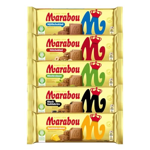 Marabou MIX 5×170 g | Mjölk Nöt Mint Krokant Apelsinkrokant & Salzlakritz | Schwedische Tafelschokolade | Cremig & knusprig | Vorratspack 850 g | Party Büro & Geschenk