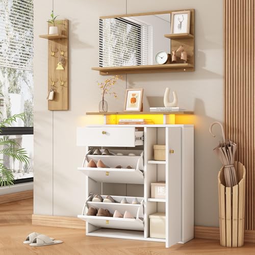 Merax 3-teiliges Garderobenset mit Spiegel & Schuhschrank, Flurgarderobe mit LED-Beleuchtung & 4 Haken, Garderobe Set Flur mit Hutablage, Natur/Weiß, 105x25x151.5 cm