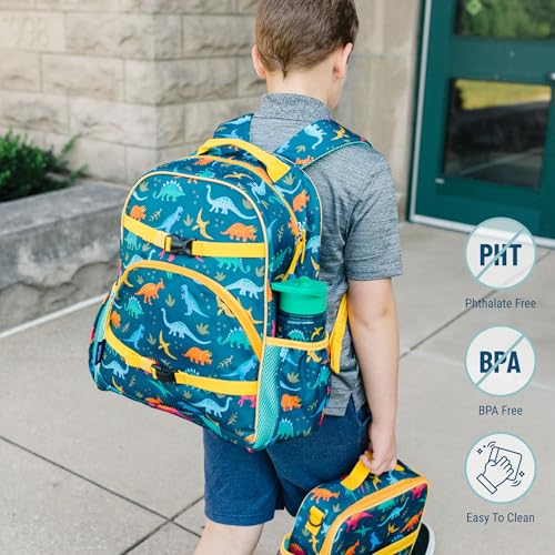 Image of Wildkin Kids Backpack for Boys & Girls, ECO rPET Recycled Lightweight 17 inch Large Bookbag with Padded Straps - Ideal for Middle School, Travel & Daycare, Ages 7-14 - Jurassic Dinosaurs