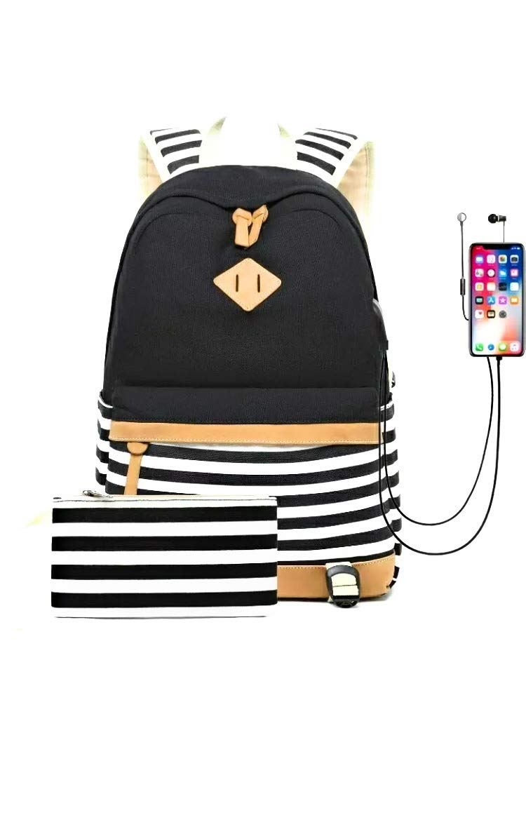 Women Backpack Laptop Fashion Travel USB Charging Bag for Teenager Girls College Student School Canvas Rucksack Casual Daypack Fit 15.6 Inch Notebook Striped Small (1-Black)