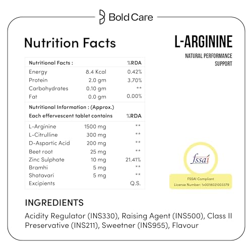 Image of Bold Care L-Arginine & L-Citrulline Effervescent Tablets (Pack of 2 (40 Tablets)) 1500 mg with Brahmi, Shatavari, Beet Root for Natural Performance Support | FSSAI Compliant |