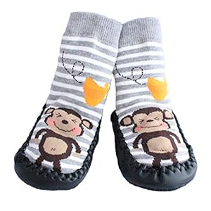 Baby Boys Girls Moccasins NON-SKID Indoor Shoes Socks STRIPED GREY MONKEY