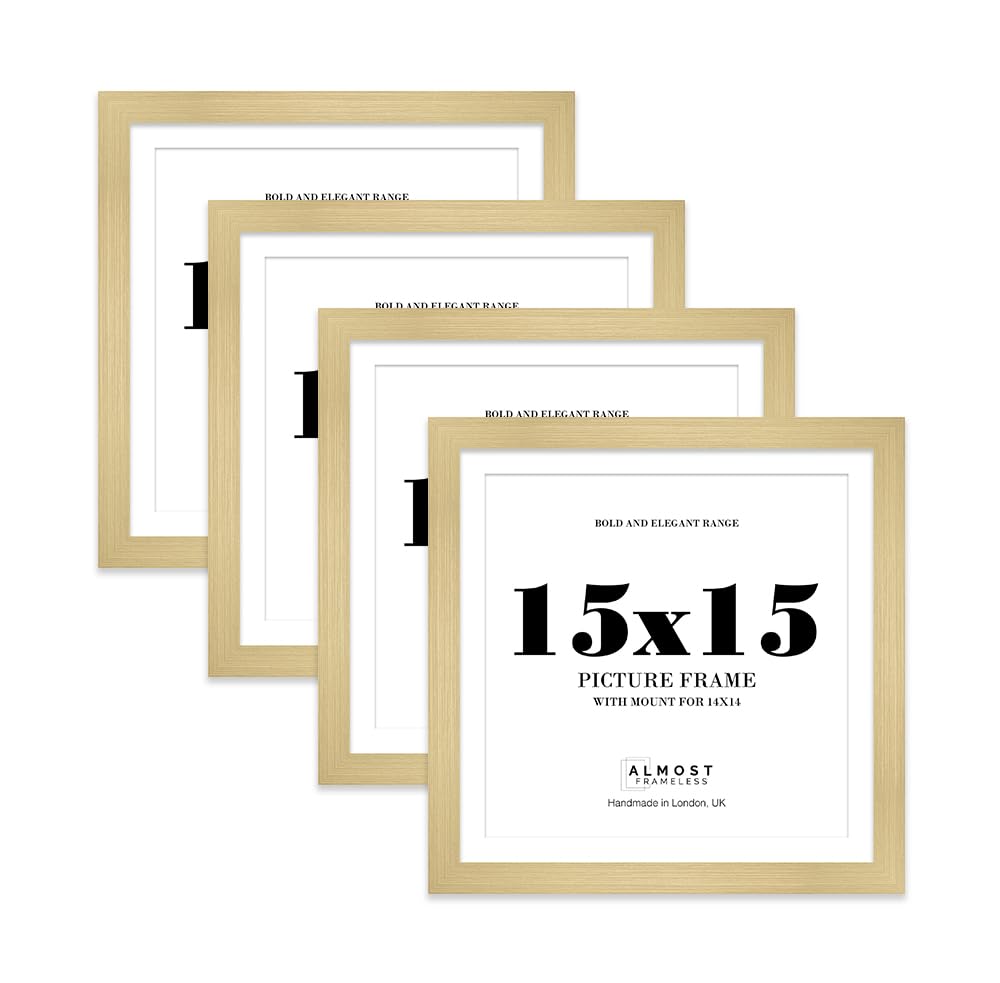 15x15" Gold Square Frame With Mount for 14x14" Pictures 28mm Edge Frame Display with Wall Hooks, 4 Pack