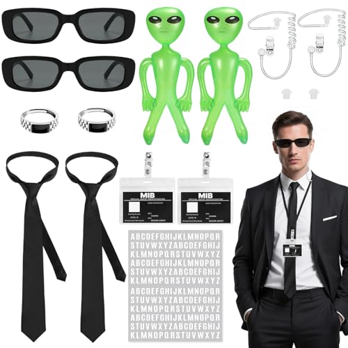 Double Agent Costume Accessories Set Secret Agent Dress-Up Kit with ID Cards Black Sunglasses Fake Earpieces Zip Ties Inflatable Green Aliens Rings Stickers Ideal for Halloween Cosplay Party Carnival