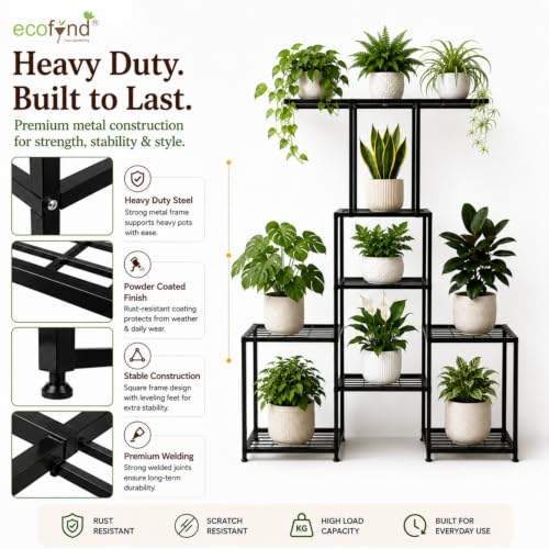 Image of ecofynd Koda Plant Stands for Outdoor Balcony, Flower Pot Stand for Indoor Plants, Large Metal Planter Stand for Living Room, Home Decor, Indoor & Outdoor Plants, 8 Tier (PS055-BLK)