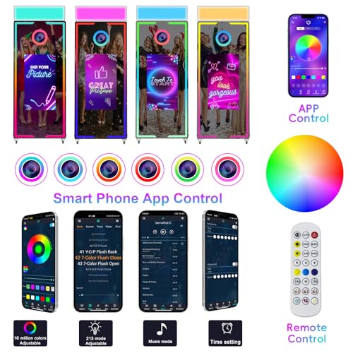 Image of Magic Mirror Photo Booth with Camera and Printer 65'' Mirror Photo Booth with 32'' Interactive Touch Screen Built-in Mini PC with Instant Print Rental Wedding Party (Black+Camera+Printer, 65-32in)