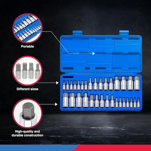 Image of NEIKO 10288A Allen Hex Bit Socket Set, 32 Piece SAE and Metric, Allen Head Hex Key Socket Set Made with S2 Steel (Pack of 10)