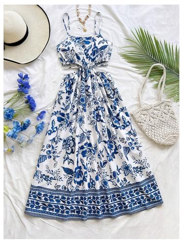 Image of Floerns Women's Cut Out Tropical Spaghetti Strap Midi Dress Summer Beach Vacation Flowy Dresses