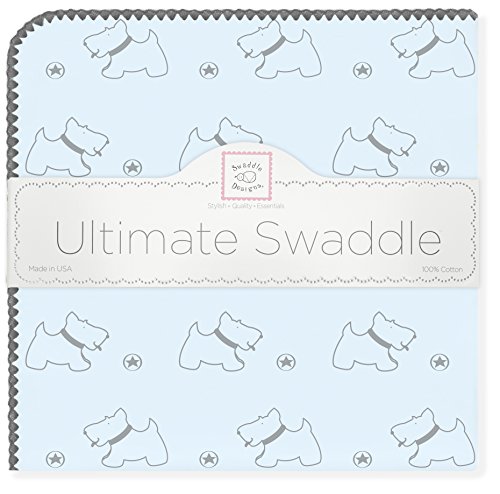 SwaddleDesigns Ultimate Winter Swaddle, X-Large Receiving Blanket, Made in USA, Premium Cotton Flannel, Gray Doggie on Pastel Blue (Mom's Choice Award Winner)