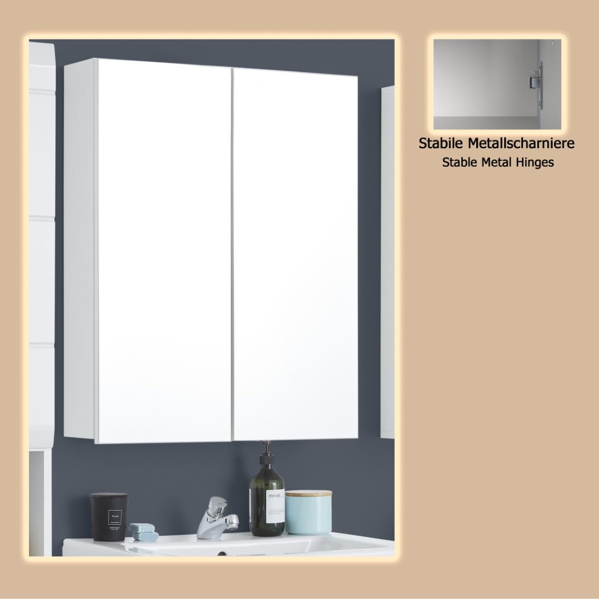 trendteam smart living - Line - Spiegelschrank - Weiß - Badspiegel modern mit vollständiger Spiegelfront - (BxHxT) 60 x 67 x 18 cm - 3 Fächer und 2 Einlegeböden