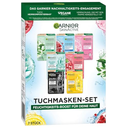 Garnier Tuchmasken Set für jeden Hauttyp 7 Gesichtsmasken für trockene bis normale Haut Vegane Formel mit Hyaluronsäure Hydra Bomb und Nutri Bomb Maskenset 7 x 28 g