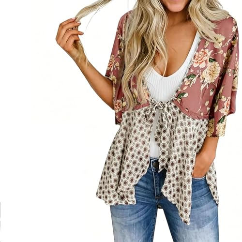 Kimono Cardigan Floral Femme Rouge XXL à Manches Volants